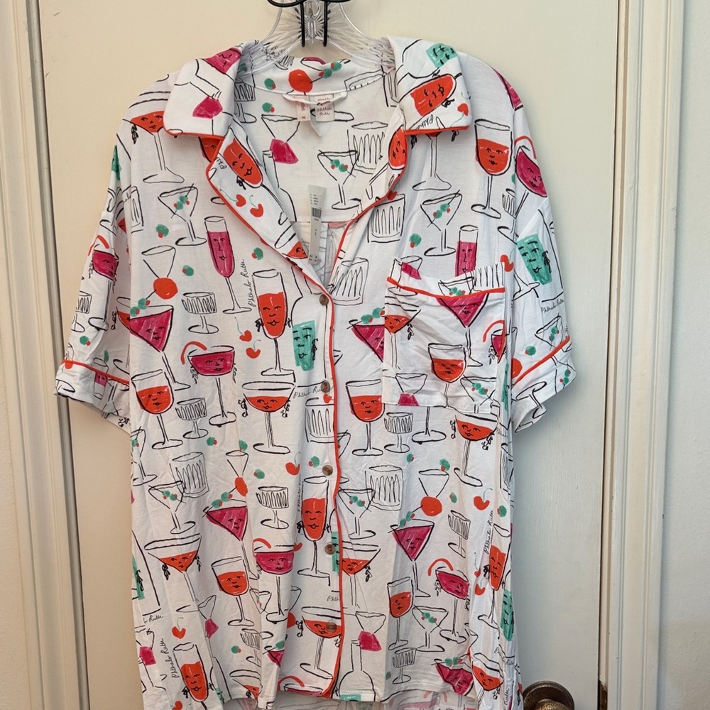 Anthropologie White Short-Sleeve Button-Down with Colorful Cocktail Print